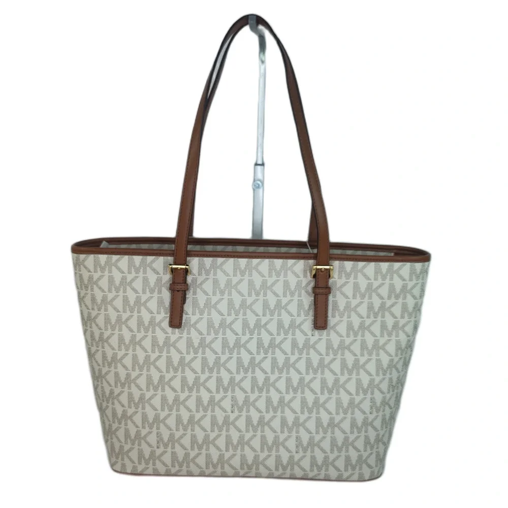 Michael Kors Quinn Large Signature Logo and Leather Tote - Vanilla/Acorn - NWOT
